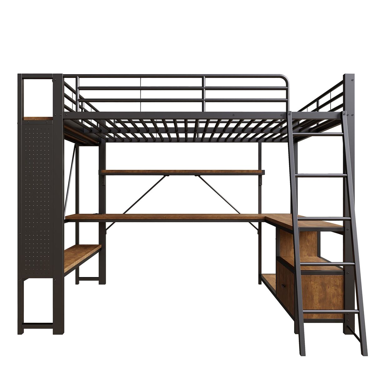 Cama alta 140x200 - estrutura metálica, led, secretária, arrumação, prateleiras, usb - preto