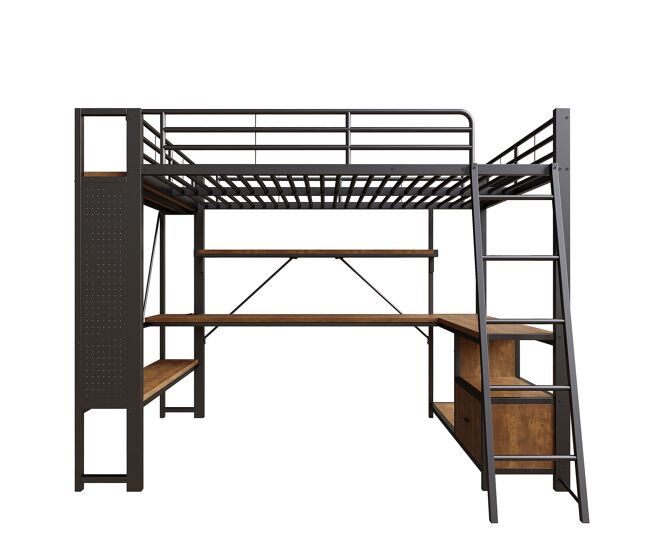 Cama alta 140x200 - estrutura metálica, led, secretária, arrumação, prateleiras, usb - preto