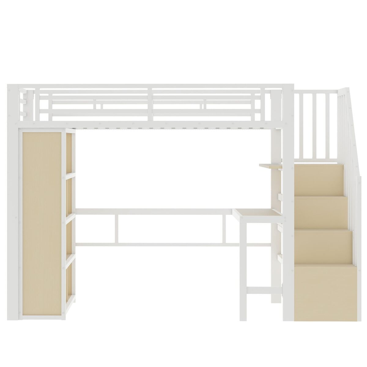 Cama alta 90x200 - estrutura de ferro, secretária, prateleira, led e escada com arrumação - branco