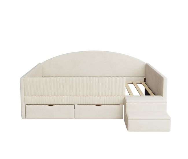 Cama multifuncional 90x190 cm - com duas gavetas, com escadas, tecido de veludo, sem colchão - bege