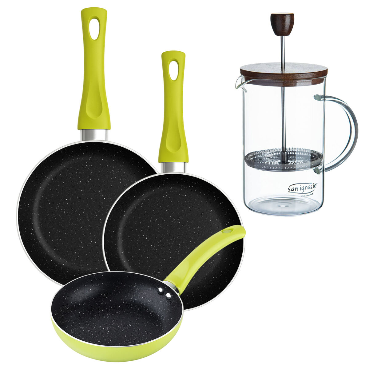 Set de frigideiras san ignacio de 3 peças + cafeteira francesa