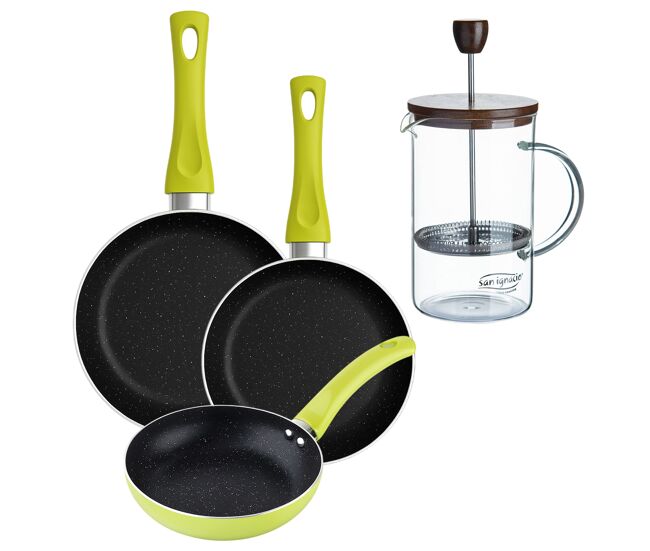 Set de frigideiras san ignacio de 3 peças + cafeteira francesa