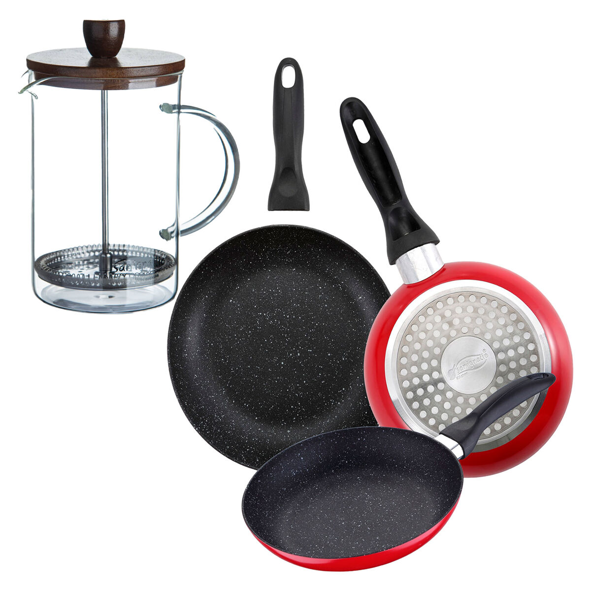 Set de frigideiras san ignacio de 3 peças + cafeteira francesa
