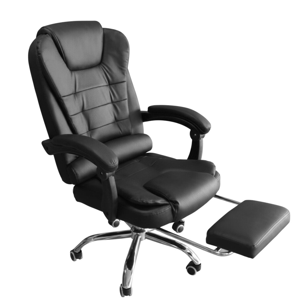 Conjunto de mesa e cadeira de escritório com apoio para os pés, em tecido e metal.