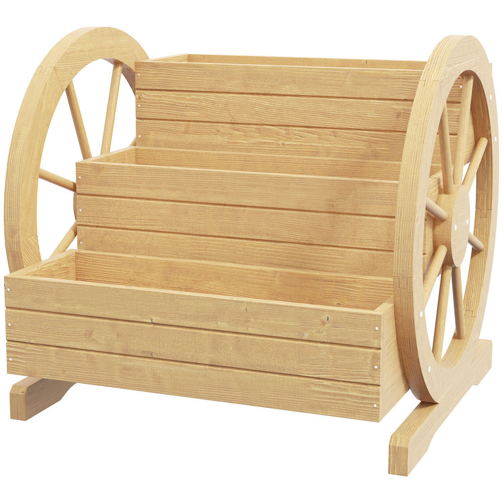 Outsunny floreira de madeira com 3 níveis para exterior design em escada com rodas e orifícios de drenagem para terraço ou jardim 61x62x57 cm madeira