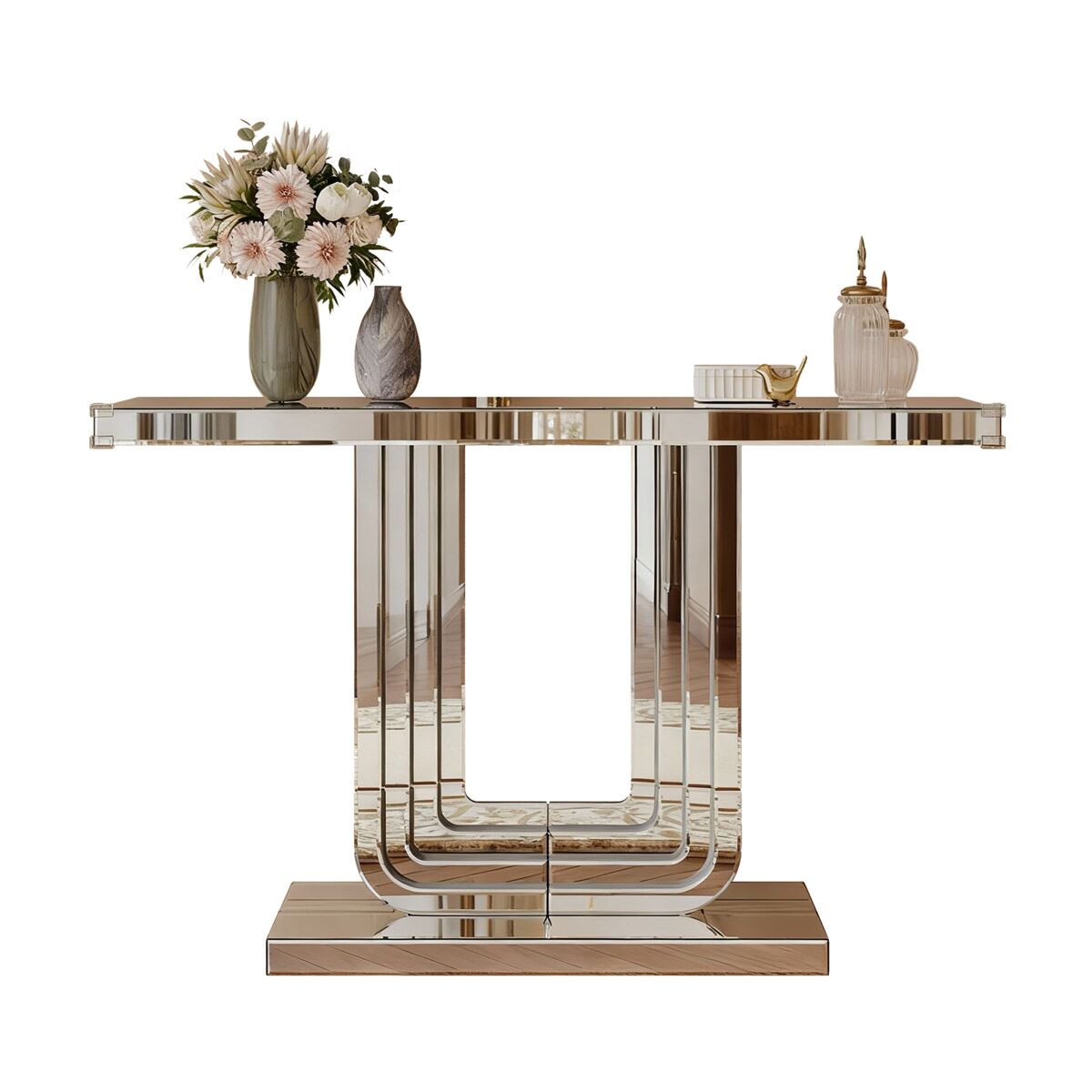 Mesa consola 120 cm - moderna com espelho, base em u, resistente a riscos - prateada