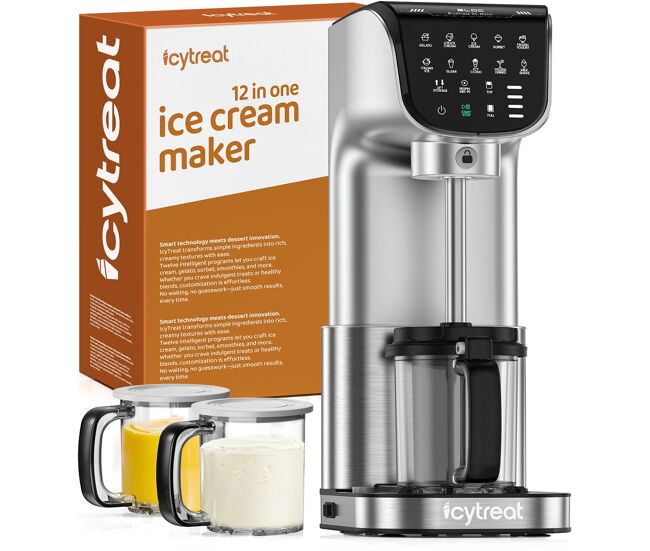 Icytreat ic-1010 eu 12 em 1 máquina de gelados - certificação ce potência 500w capacidade 568mlw inclui 3 recipientes para gelado em tritan - prata
