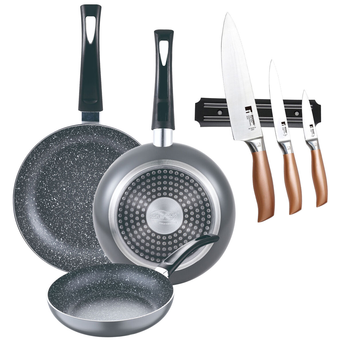 Set de frigideiras san ignacio de 3 peças + set de facas