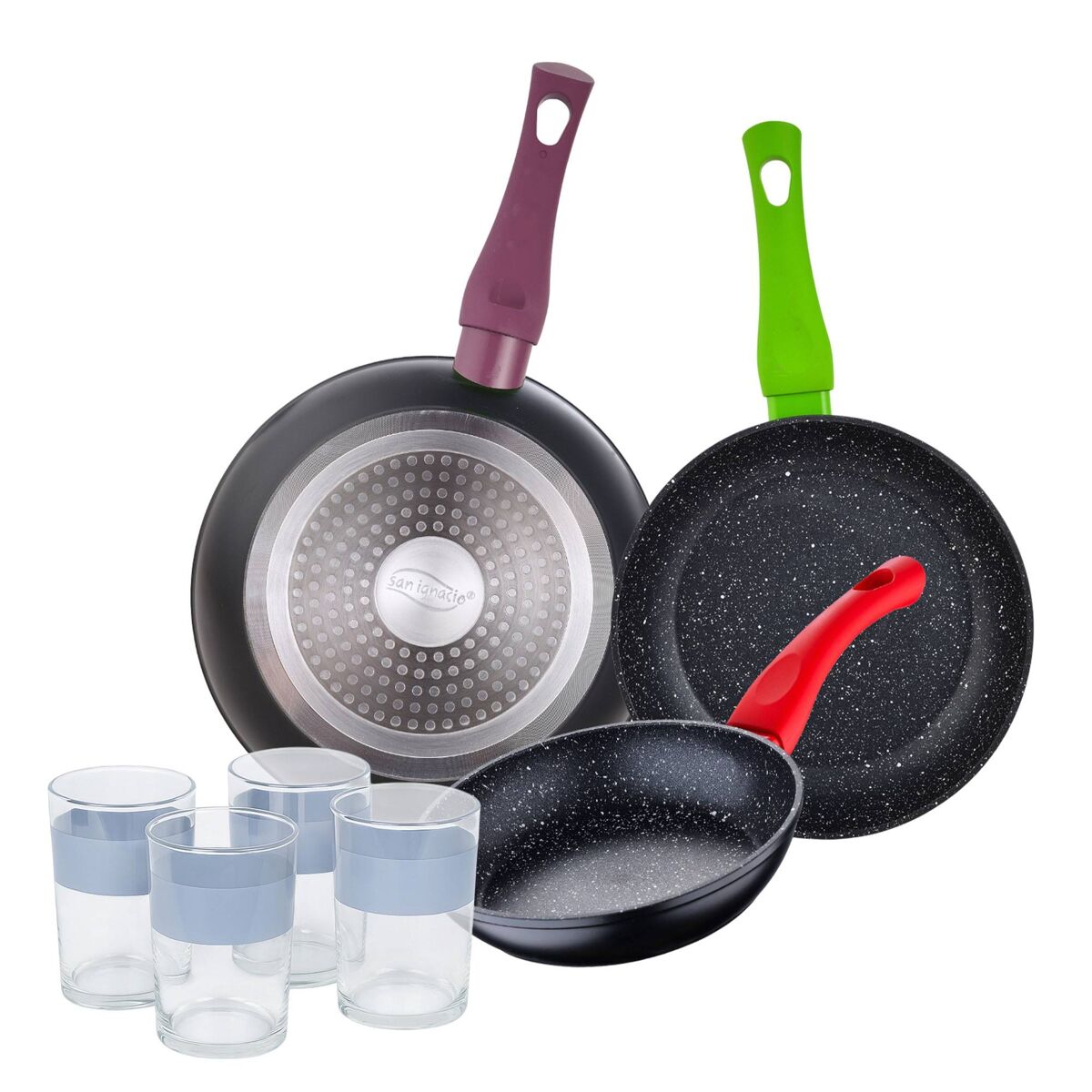 Set de frigideiras san ignacio de 3 peças + set de 4 copos
