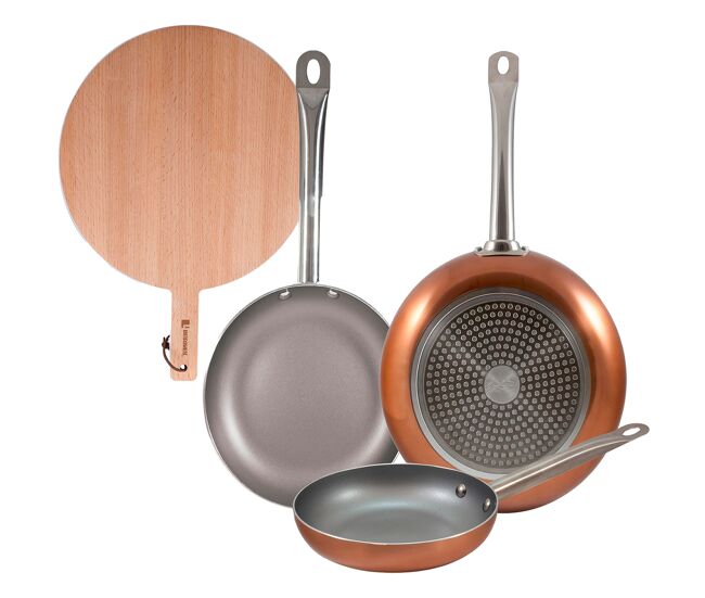 Set de frigideiras san ignacio de 3 peças + tábua de corte