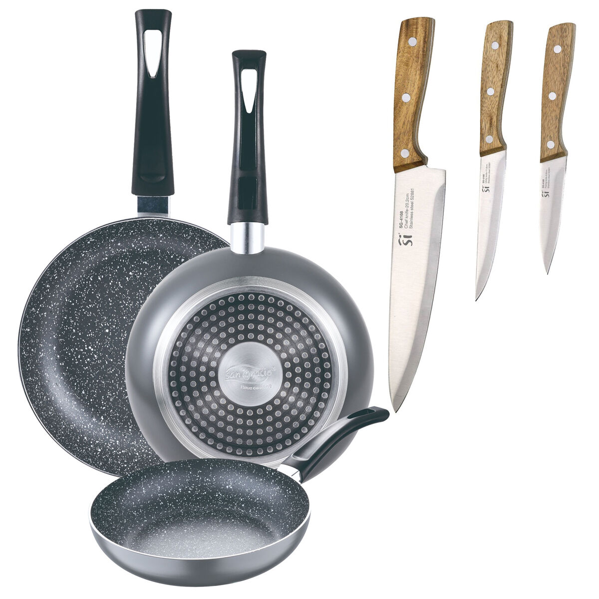 Set de frigideiras san ignacio de 3 peças + set de facas
