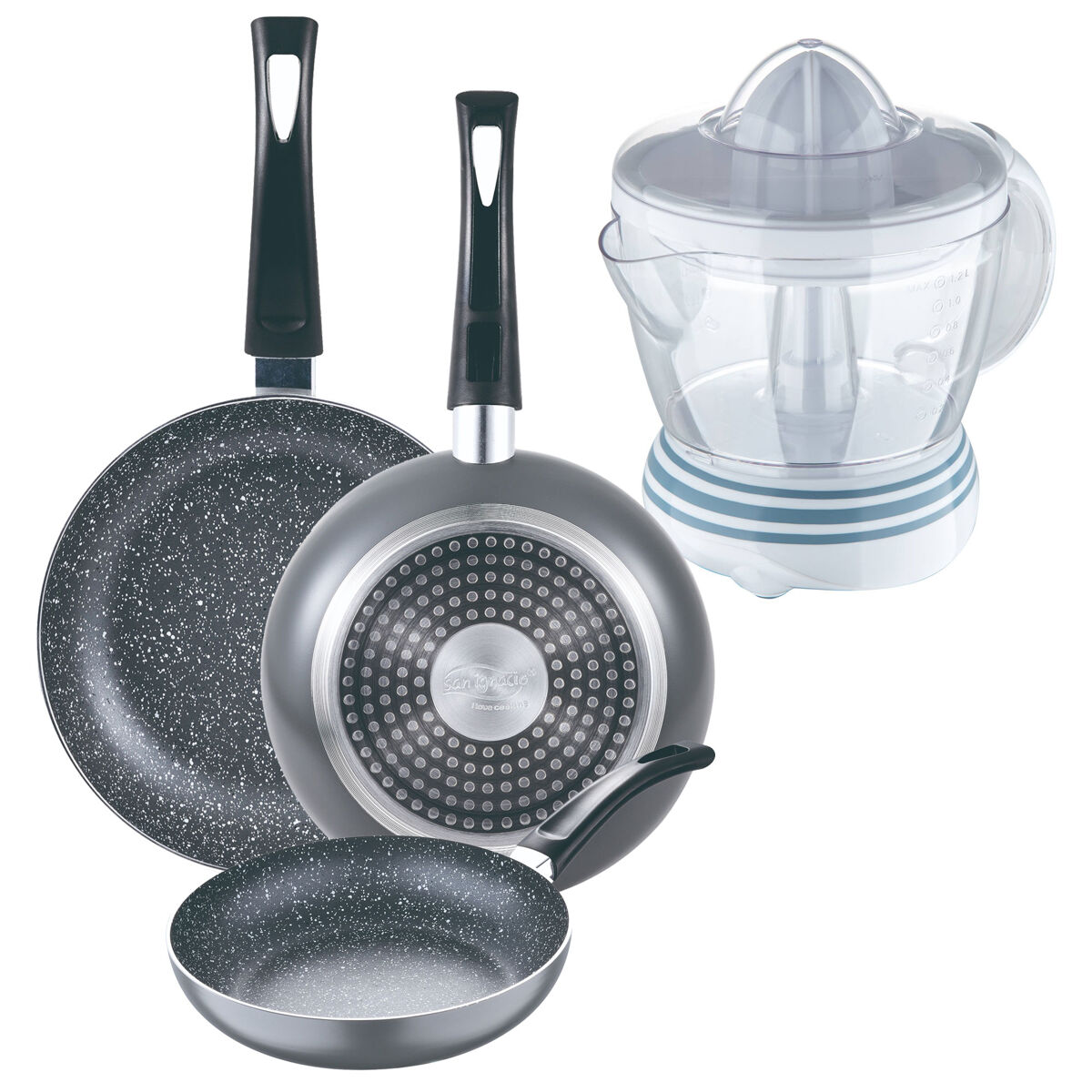 Set de frigideiras san ignacio de 3 peças + espremedor de frutas