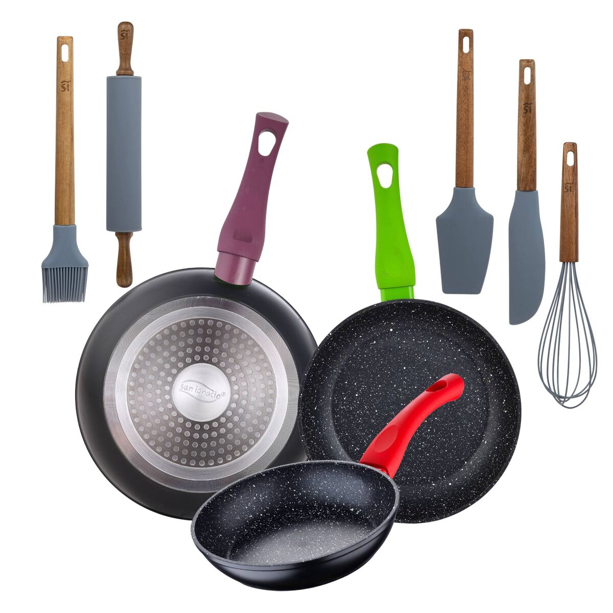 Set de frigideiras san ignacio com 3 peças + set de utensílios