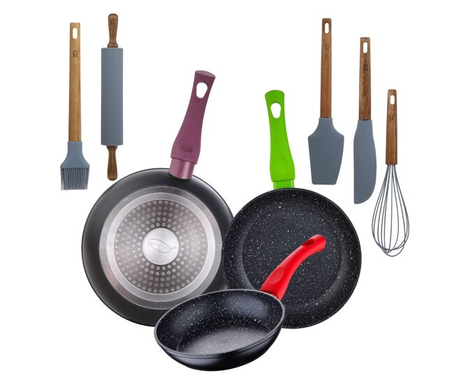 Set de frigideiras san ignacio com 3 peças + set de utensílios