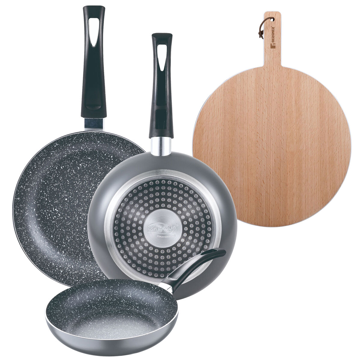Set de frigideiras san ignacio de 3 peças + tábua de corte