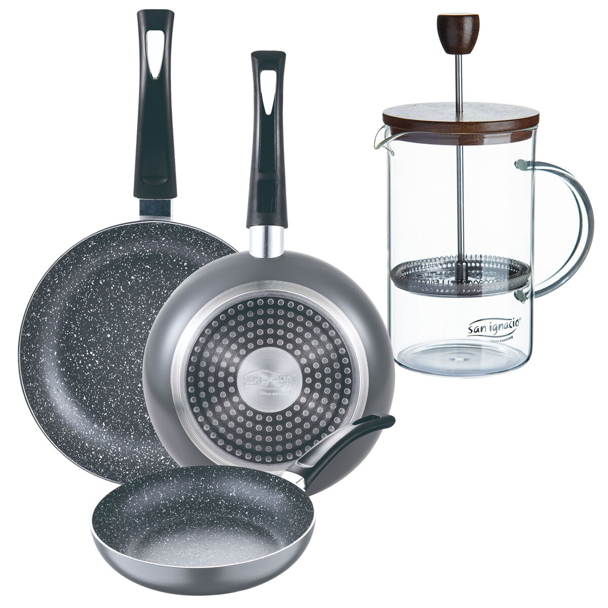 Set de frigideiras san ignacio de 3 peças + cafeteira francesa