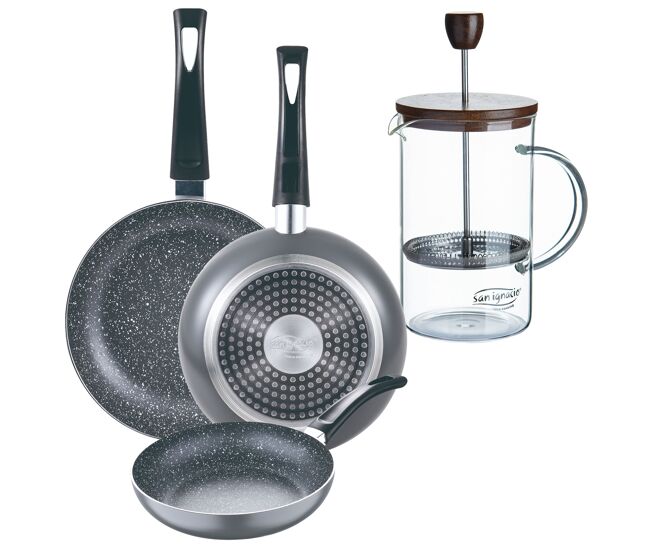 Set de frigideiras san ignacio de 3 peças + cafeteira francesa