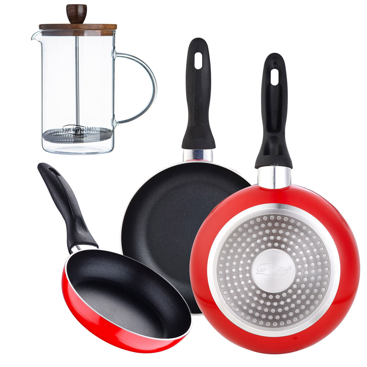 Set de frigideiras san ignacio de 3 peças + cafeteira francesa