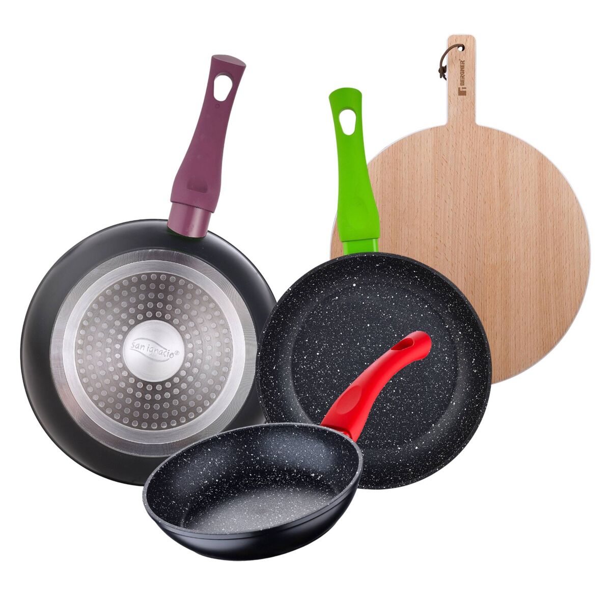 Set de frigideiras san ignacio de 3 peças + tábua de corte