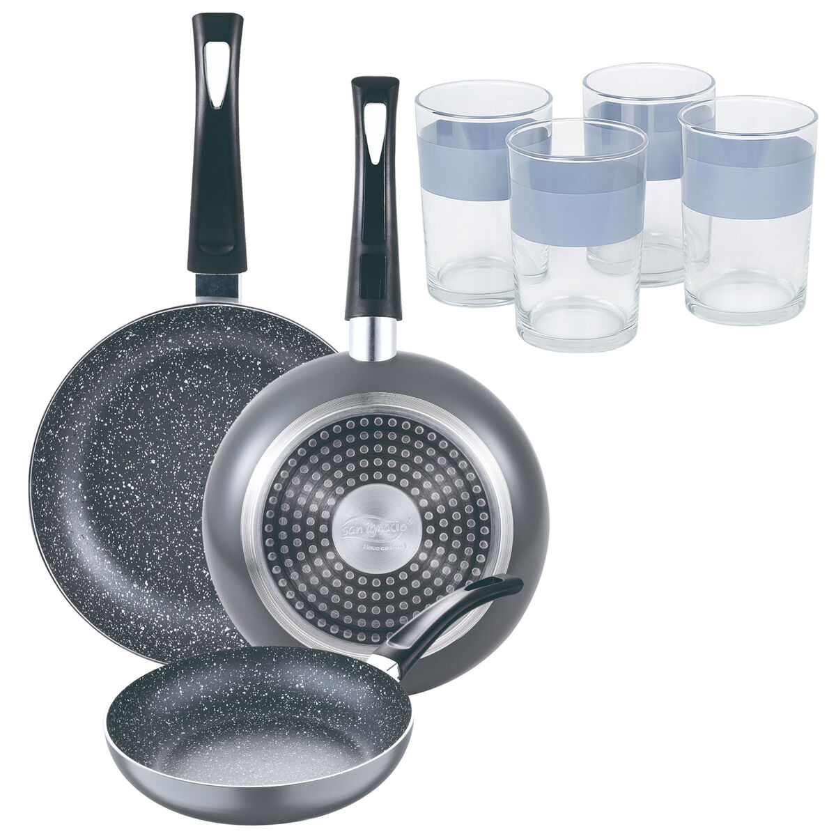 Set de frigideiras san ignacio de 3 peças + 4 copos de 0,5l