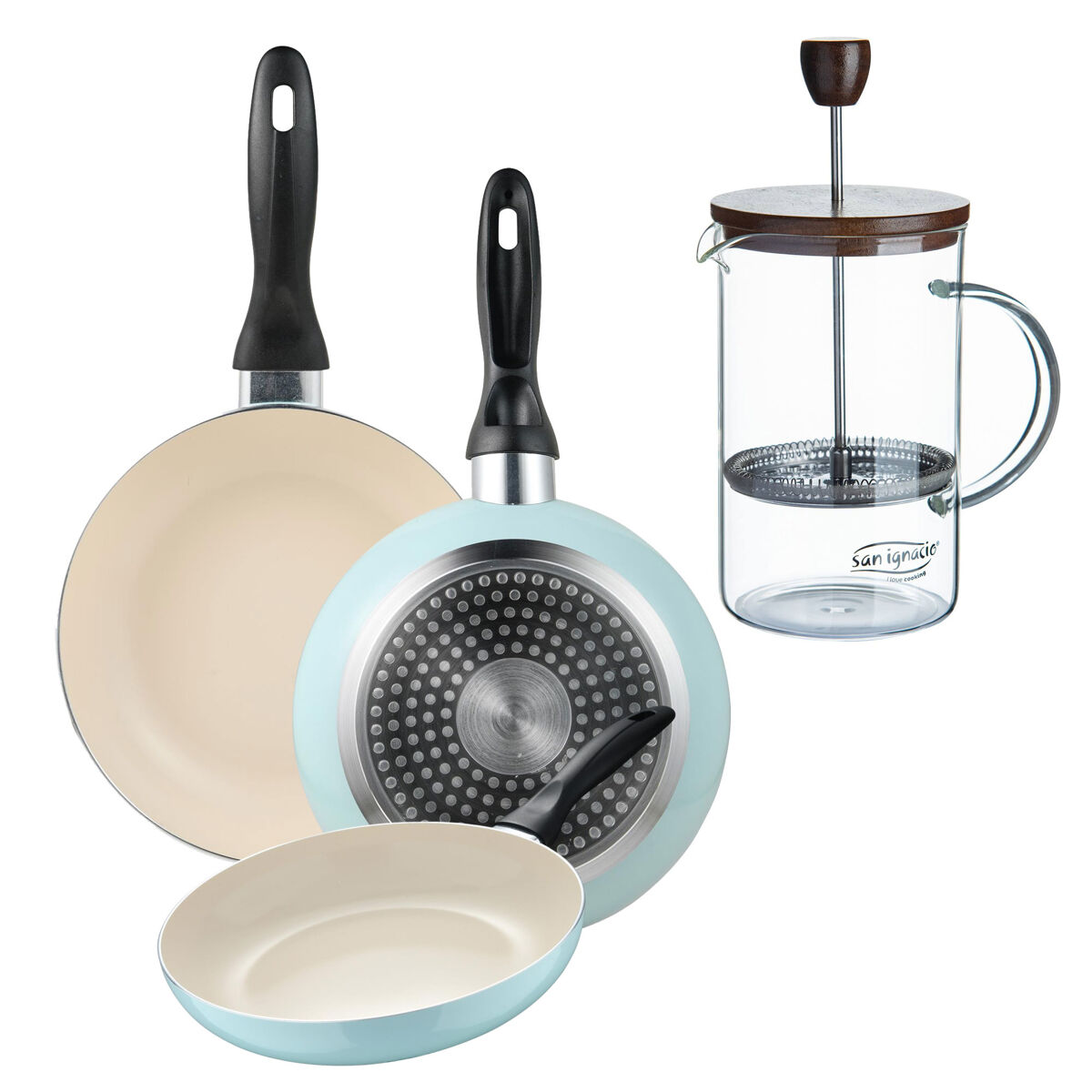 Set de frigideiras san ignacio de 3 peças + cafeteira francesa