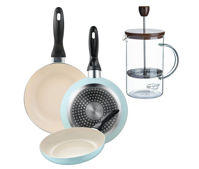 Set de frigideiras san ignacio de 3 peças + cafeteira francesa