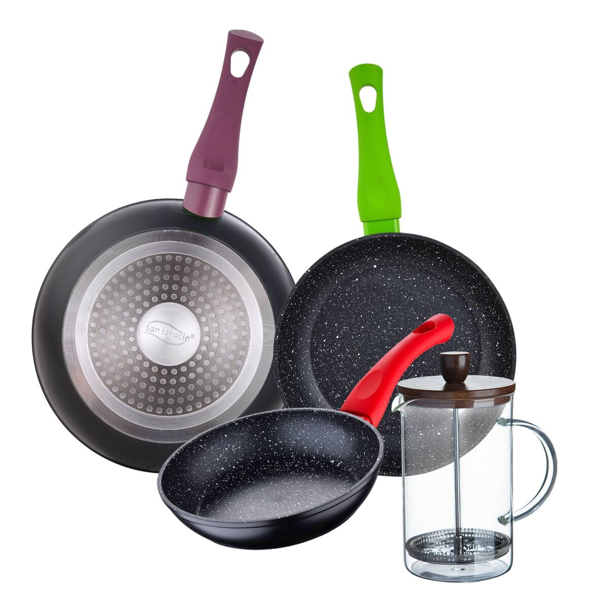Set de frigideiras san ignacio de 3 peças + cafeteira francesa