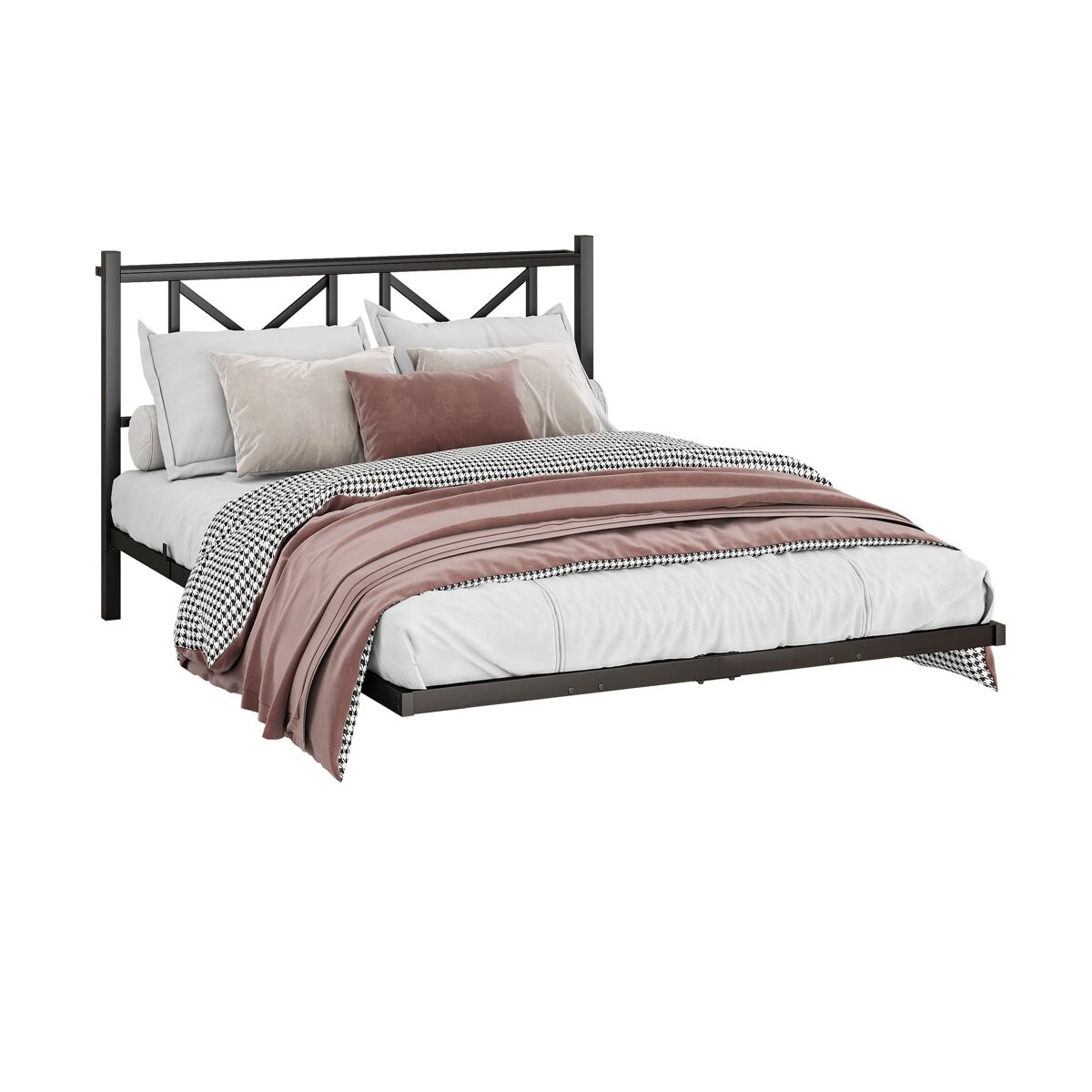 Cama de casal 140x200 cm - estrutura metálica led com cabeceira e estação de carregamento - preto