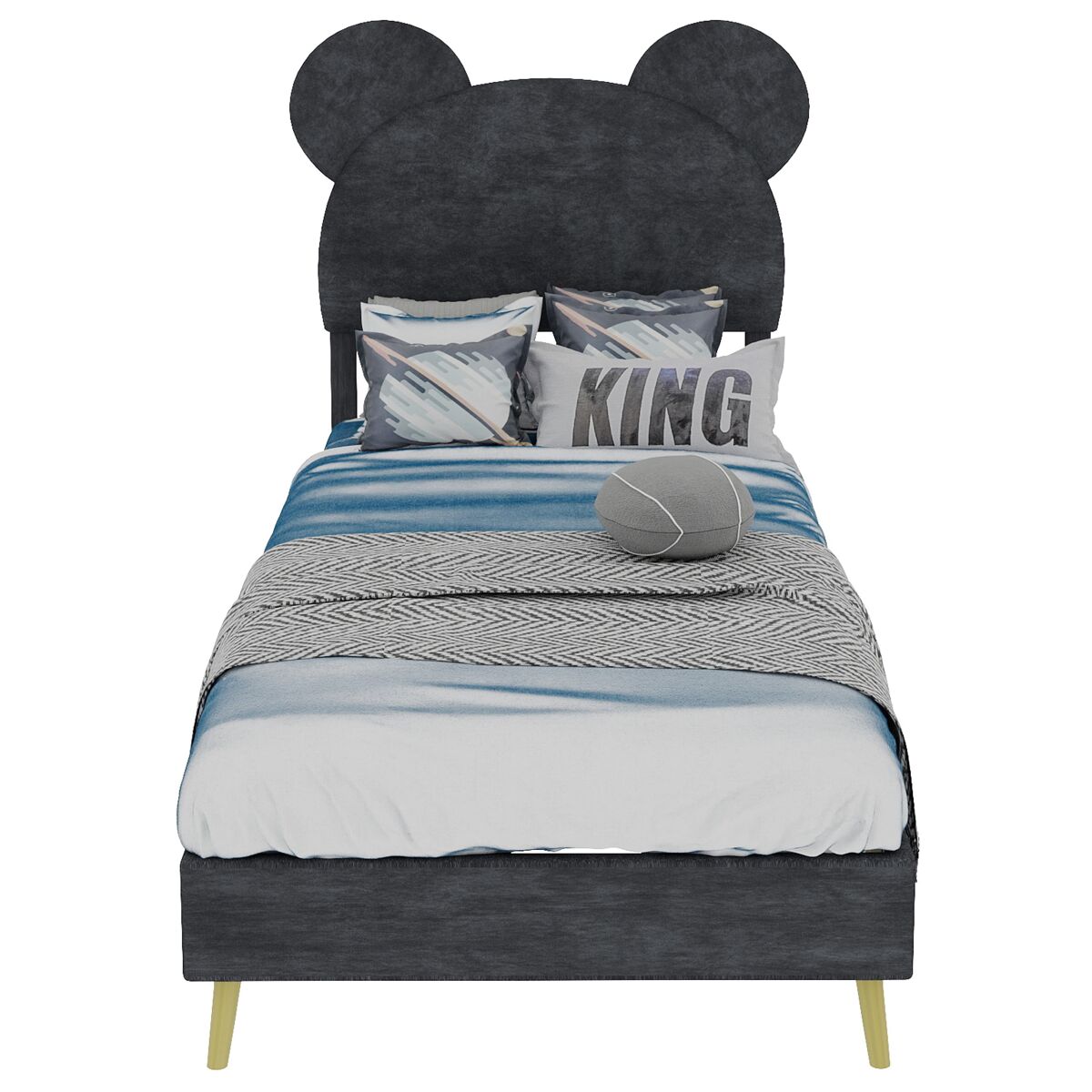 Cama infantil estofada 90x200 - cabeceira macia com desenhos animados, base baixa sem arrumação - cinza