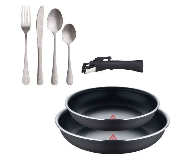 Frigideiras de indução click&cook ø22ø26cm e conjunto de talheres de 16 peças