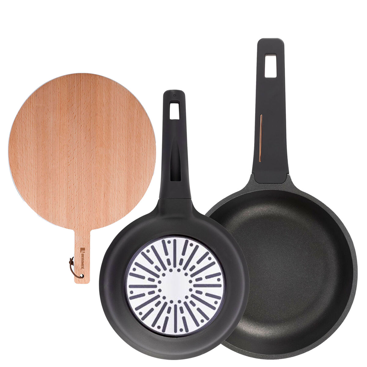 Frigideiras copper de ø20ø24cm com sistema de indução e tábua de corte.