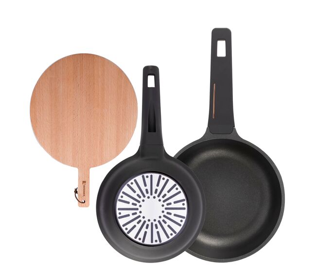 Frigideiras copper de ø20ø24cm com sistema de indução e tábua de corte.