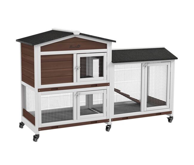 Pawhut casota para coelhos de madeira com rodas 157,4x53x99,5 cm gaiola grande com telhado asfáltico, tabuleiros removíveis e rampa para exterior e