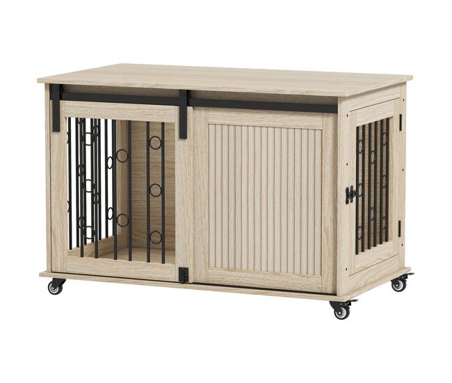 Pawhut móvel gaiola para cães com rodas mesa auxiliar casa para animais moderna com 2 portas com fecho para cães médios e grandes 100x56x65 cm