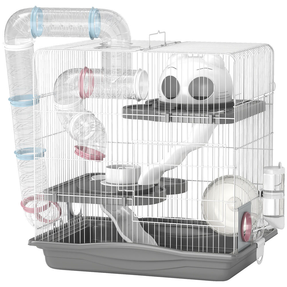 Pawhut gaiola para hamster 45x30x45 cm casa para animais pequenos com túnel plataformas taça bebedouro casinha rampas e roda de exercício para