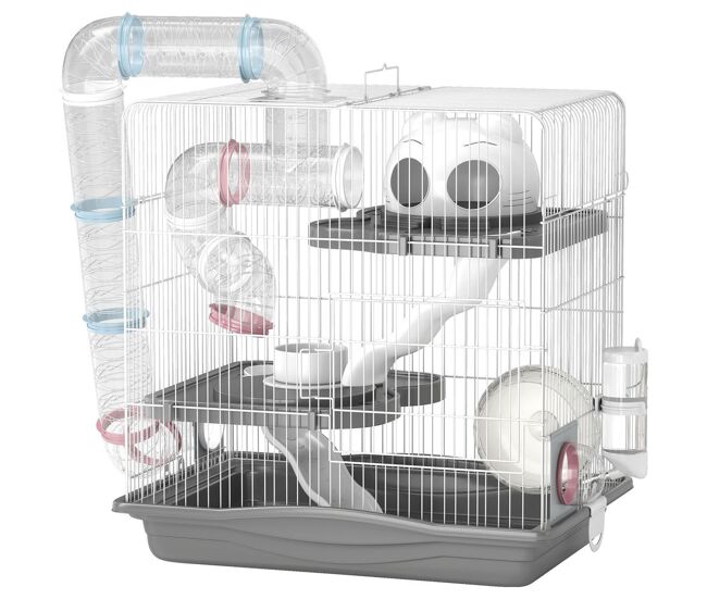 Pawhut gaiola para hamster 45x30x45 cm casa para animais pequenos com túnel plataformas taça bebedouro casinha rampas e roda de exercício para