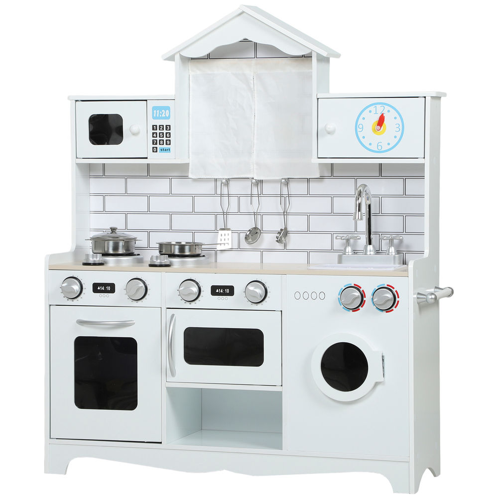 Aiyaplay cozinha de madeira com som e cortinas cozinha de brincar infantil com acessórios em aço inoxidável, máquina de lavar micro-ondas, lava-loiça