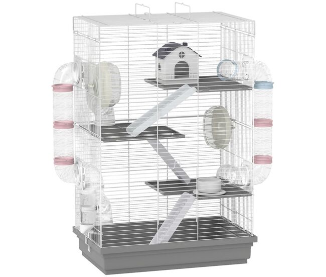 Pawhut gaiola para hámster 47x30x70 cm casa para animais pequenos com túnel plataformas tigela bebedouro casinha rampas e roda de exercício para