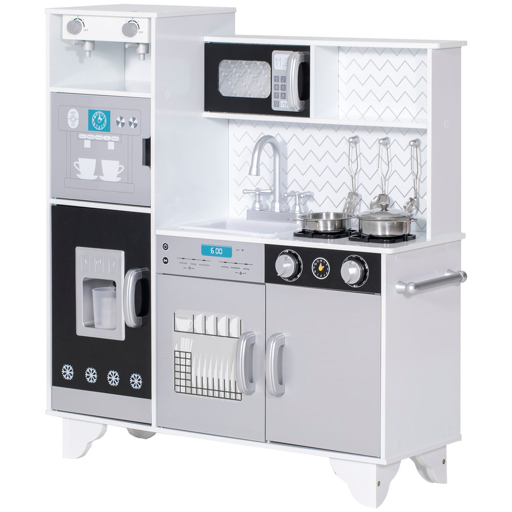 Aiyaplay cozinha de madeira com som cozinha infantil com acessórios em aço inoxidável micro-ondas, máquina de gelo cafeteira, máquina de lavar loiça
