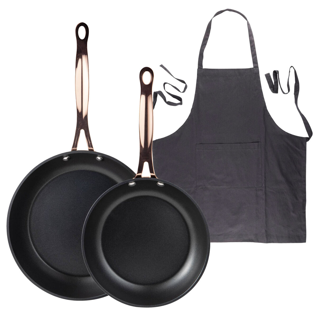 Frigideiras de indução de cobre ø20ø24cm e avental cinza