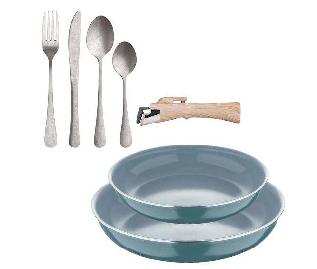 Frigideiras de indução click&cook ø24ø28cm e conjunto de talheres de 16 peças