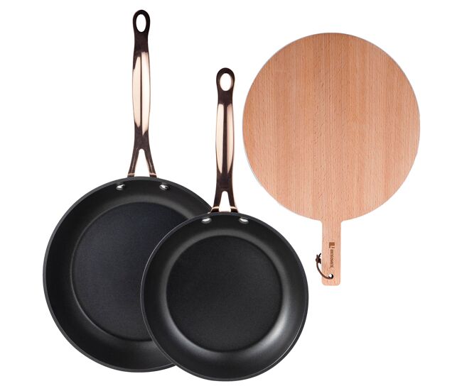Frigideiras de indução de cobre ø20ø24cm e tábua de corte