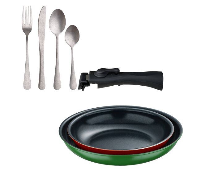 Frigideiras de indução click&cook ø22ø26cm e conjunto de talheres de 16 peças