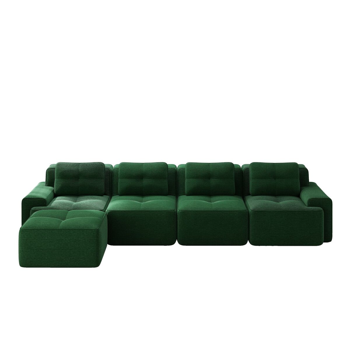 Sofá modular de 4 lugares - chaise longue longa, profunda e confortável, estofada em veludo cotelê - verde