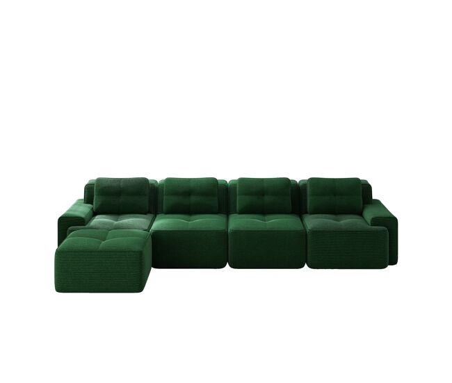 Sofá modular de 4 lugares - chaise longue longa, profunda e confortável, estofada em veludo cotelê - verde
