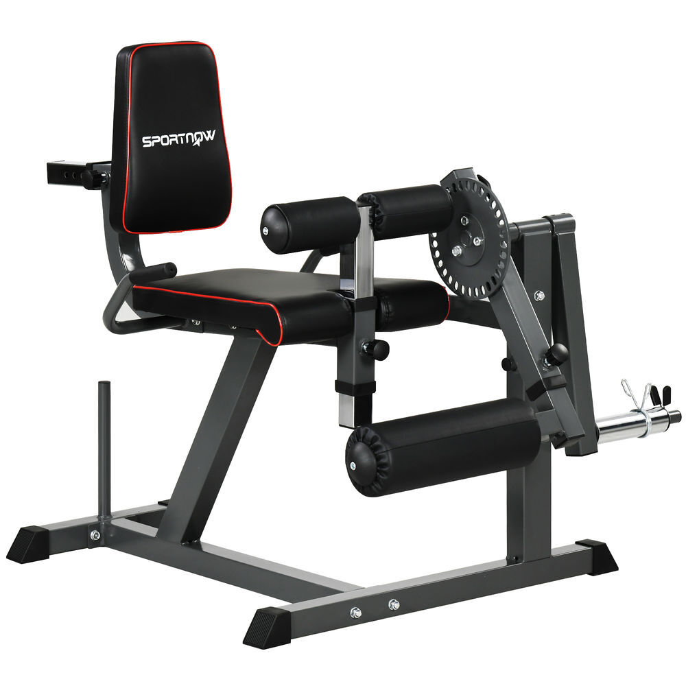 Sportnow máquina de extensão e flexão de pernas ajustável com carga de discos para treino de glúteos coxas e panturrilhas para ginásio em casa