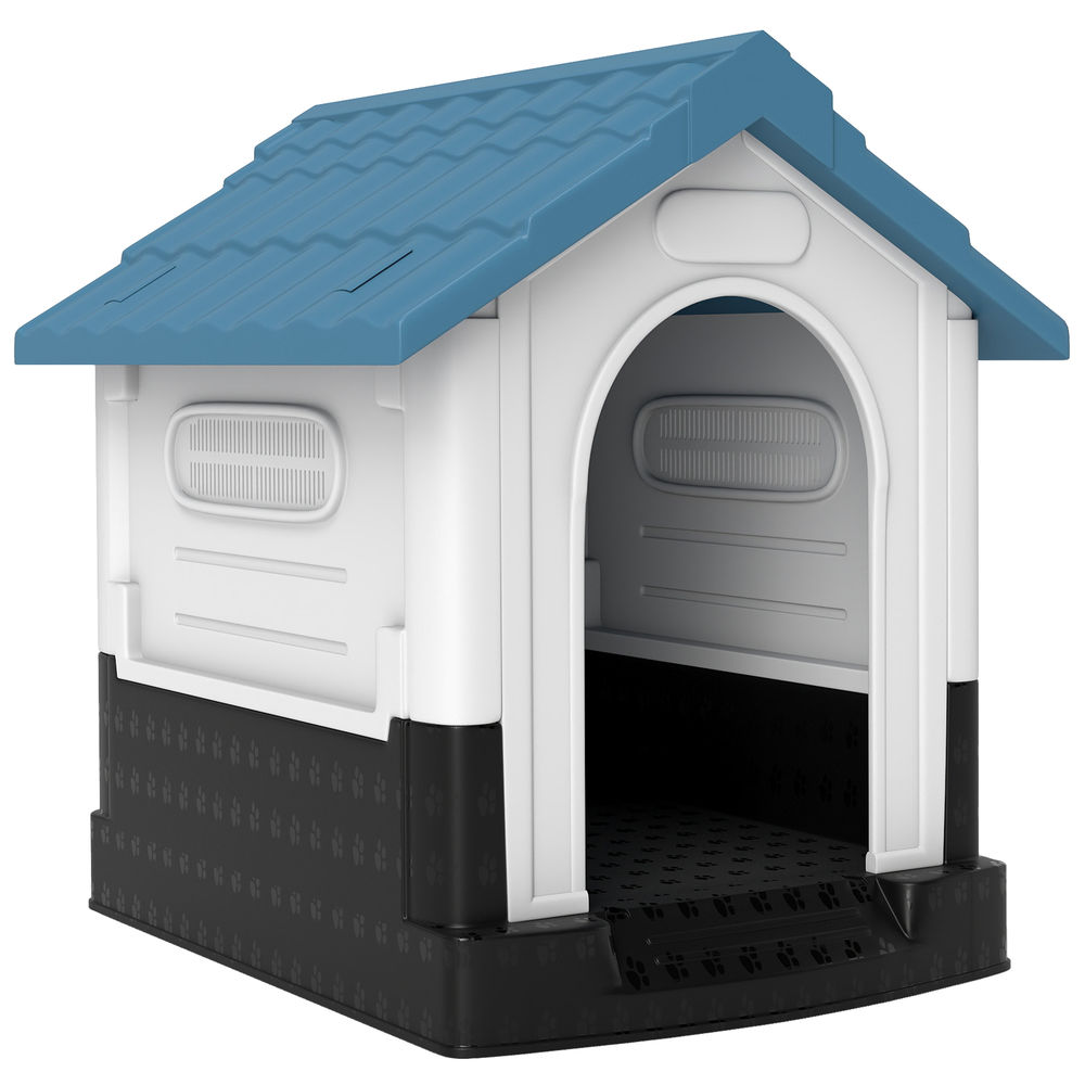 Pawhut casota para cães mini de exterior casa de plástico com 3 janelas base elevada telhado imitando telhas 64,5x57x66 cm azul