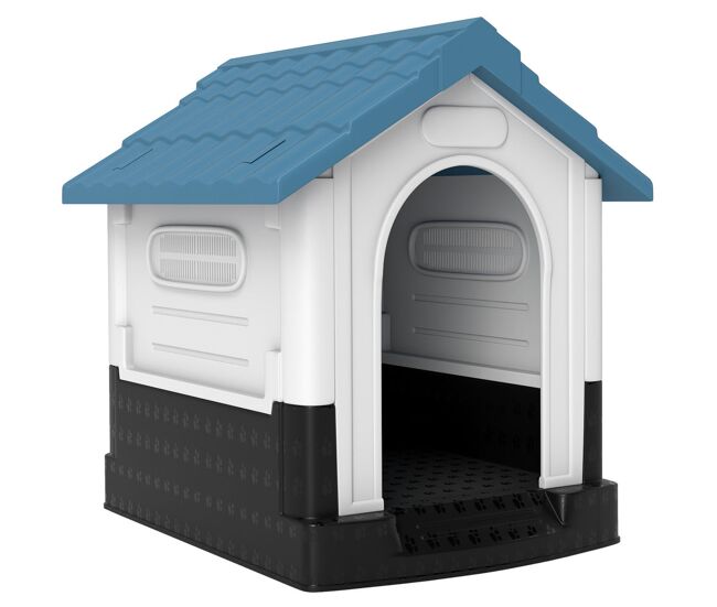 Pawhut casota para cães mini de exterior casa de plástico com 3 janelas base elevada telhado imitando telhas 64,5x57x66 cm azul