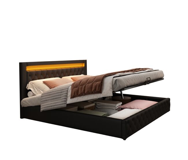 Cama de casal de pu 140x190 cm com armazenamento e luz led,preto
