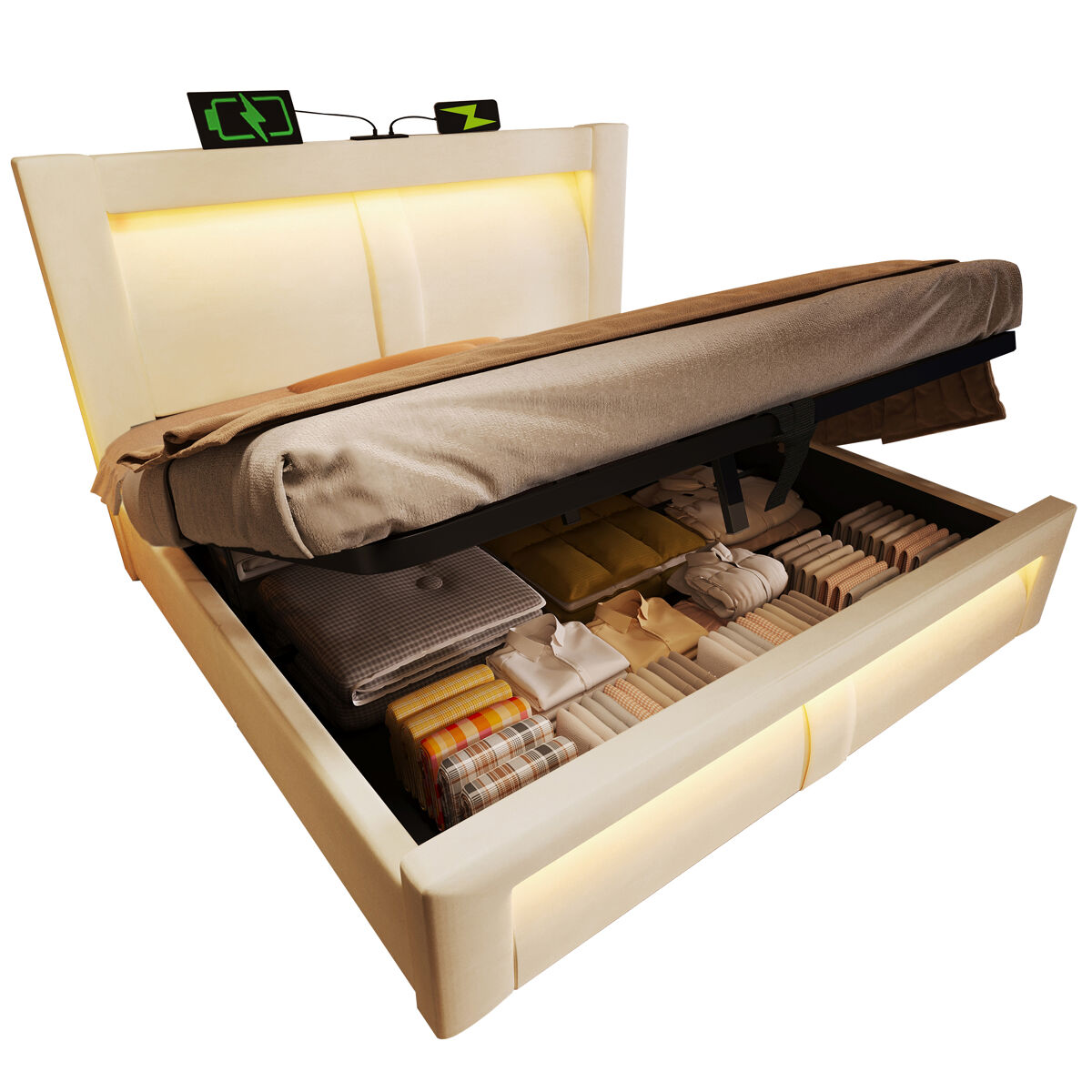 Cama de casal de veludo 160x200 cm com armazenamento e luz led,bege